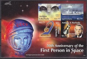 Antigua, Scott cat. 3157 a-d. First Person in Space sheet of 4.