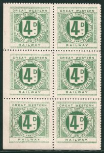 GB GWR RAILWAY KGV Letter Stamps BLOCK{6} 4d GREAT WESTERN Superb Mint MNH RS24