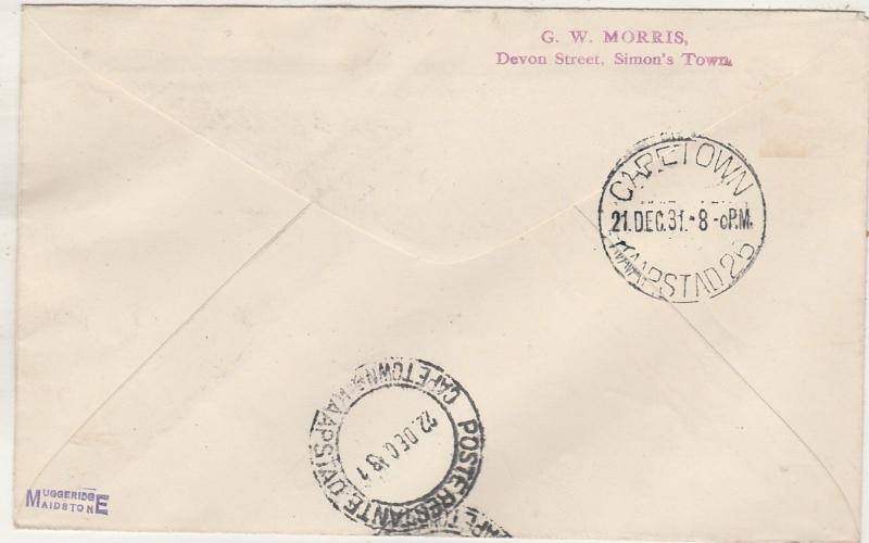 SOUTH WEST AFRICA 1931 FIRST FLIGHT COVER KEETMANSHOOP - CAPE TOWN SOUTH AFRICA