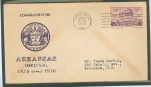 US 782 1936 3c Arkansas centennial (single) on an addressed (typed) fdc with an unknown cachet maker.