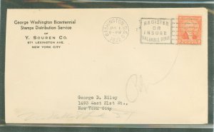 US 914 1932 9c Washington (part of the George Washington bicentennial series) single; on an addressed forwarded first day cover.