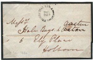 GB PRIVATE POST PAID *Protector Life* Handstamp London 1842 Cover Holborn P208 