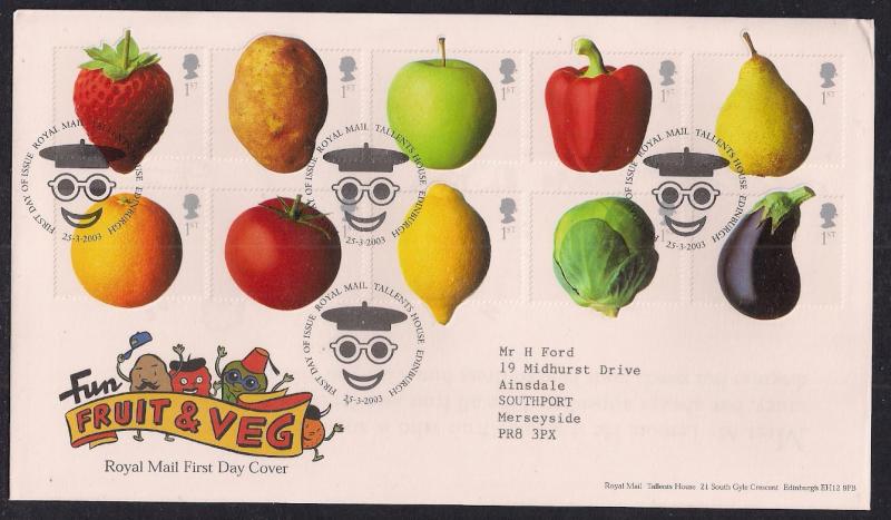 GB 2003 QE2 FDC Fruit & Veg 1st Class Block SHS Edinburgh Pmk - M764