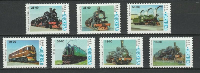 Uzbekistan 1999 Trains Locomotives / Railroads 7 MNH stamps