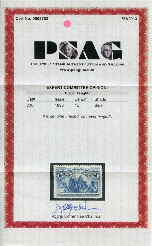 US SCOTT #230 MINT-XF-SUP-OG-NH GRADED 95 W/ PSAG CERT SMQ $300 (2/10/23 GP)