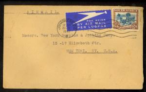 SOUTH AFRICA 1947  Flown 2s6d TREKKING  Cover to USA TIED AIRMAIL LABEL