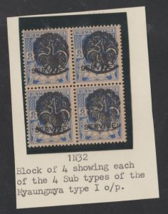 Burma Scott #1N32 Stamp - 4 Subtypes - Mint NH/LH Block of 4