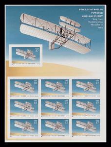 2003 37c First Controlled Powered Airplane Flight, Wright Scott 3783 Sheet of 10