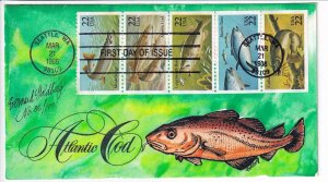 Sc #2205-09 Atlantic Cod, Hand-painted Goldberg FDC Cachet 1986 (F18051)