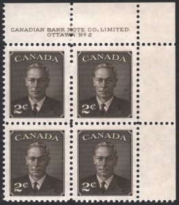 Canada SC#285 2¢ King George VI (Wilding) Plate Block: UR #2 (1949) MHR