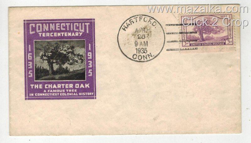 1935 CONNECTICUT TERCENTENARY #772 FDC IOOR COLOR VARIETY HAND CANCEL PURPLE