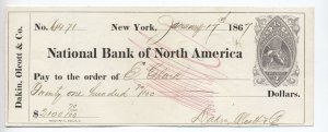 1867 RN-B13 2 cent violet eagle revenue check Dakin, Olcott Co. NY [6514.12]
