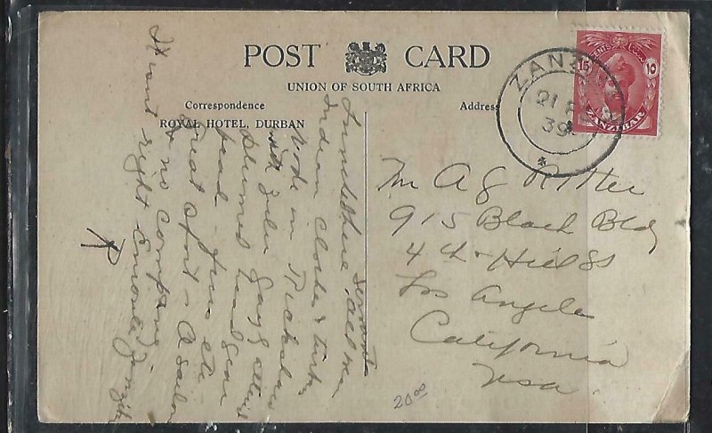 ZANZIBAR  (PP2608B)  1939  SULTAN 15C ON PPC (NOT ZANZIBAR ) TO USA