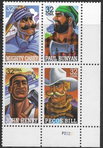 US #3083-3086 MNH Plate Block of 4. Folk Heroes.  Very Nice.