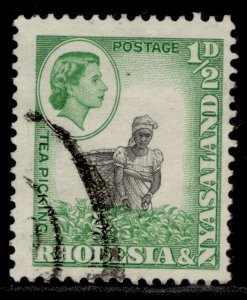 RHODESIA & NYASALAND QEII SG18, ½d black & light emerald, FINE USED.