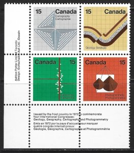 CANADA - #585a - 15c EARTH SCIENCES LL PLATE BLOCK MNH #582-#585