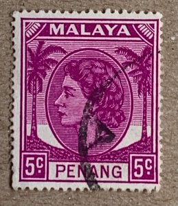 Malaya Penang 1954 5c QEII, used. Scott 32, CV $4.25. SG 31