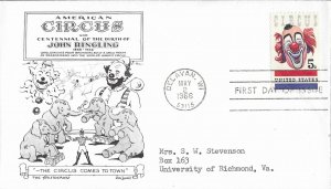 1966 FDC, #1309, 5c American Circus, Aristocrats-Lowry