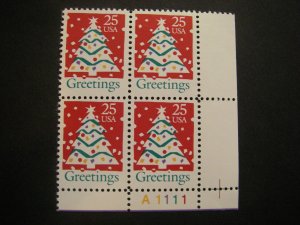 Scott 2515, 25c Christmas Tree Contemporary, PB4 #A1111 LR bottom, MNH Beauty