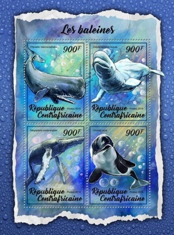 Central Africa - 2017 Whales on Stamps - 4 Stamp Sheet - CA18003a