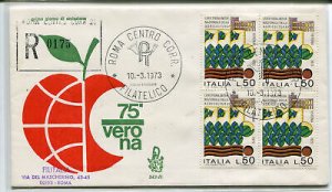 Italy FDC Venetia 1973 Verona Fair quatrain traveled Racc. For Italy