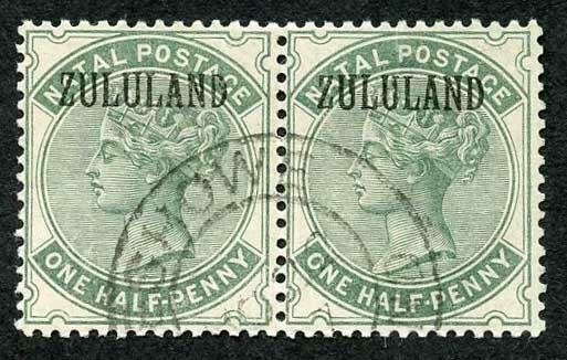 Zululand SG13 1/2d dull green (no stop) Pair (right stamp creased) Cat 100 pound