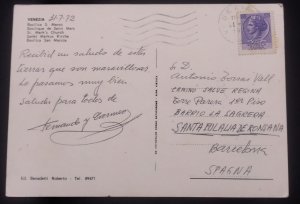 D)1972, ITALY, POSTCARD SENT TO SPAIN, WITH CURRENT USE SERIES STAMP,