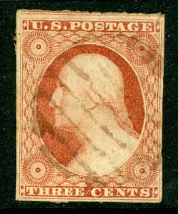 USA 1851 Washington 3¢ Orange Brown Type II Scott #10A VFU R484
