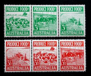 Australia #252a,255a MNH Strips of 3 Farming 1953