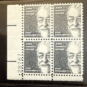 Scott # 1295 John Bassett Moore $5 Stamp, MNH Plate Block of 4