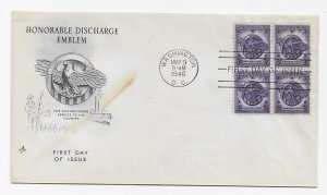 US 940 (Me-10) 3c Honorable Discharge blk 4 on FDC Artcraft Cachet ECV $25.00