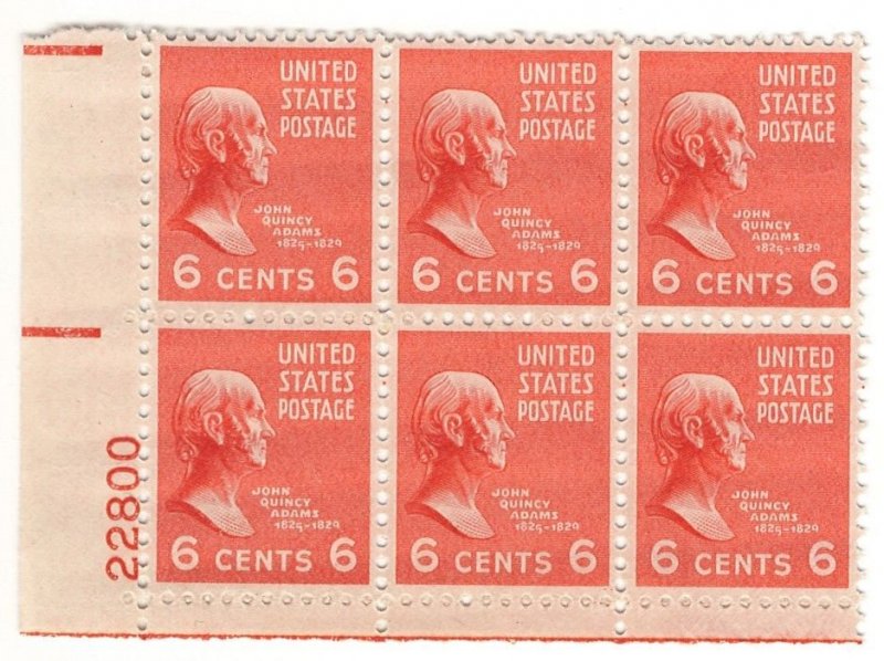 #811 – 1938 6c John Quincy Adams, orange – MNH OG Plate Block of 6