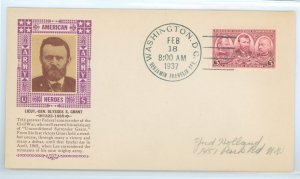 US 787 1937 3c Army General heroes single on an addressed FDC with a Laird cachet of Grant.