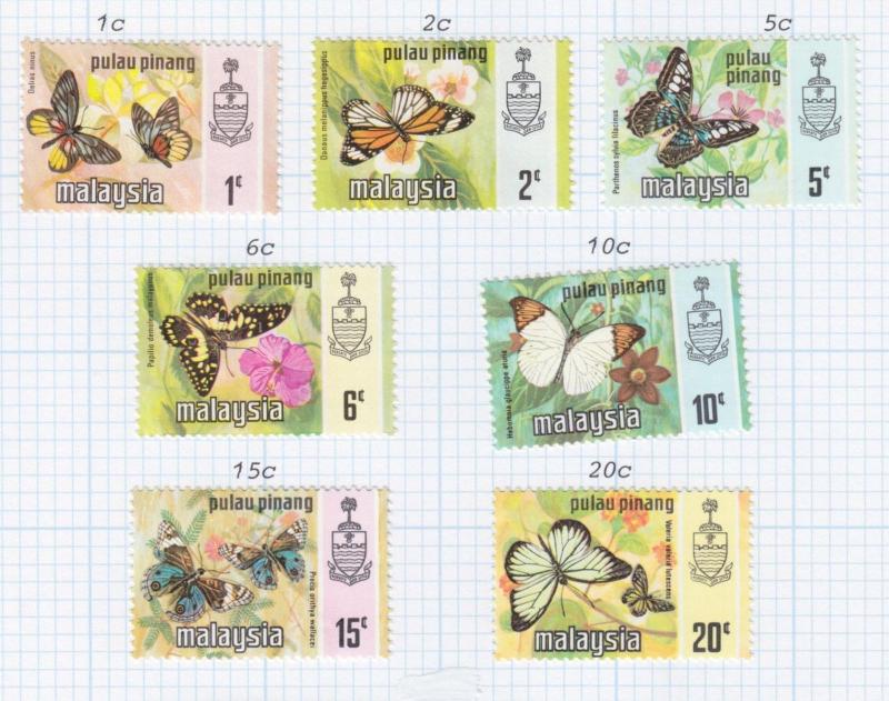 PENANG, MALAYSIA, 1971 Butterflies set of 7, lhm.