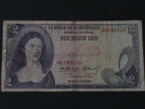 ​COLOMBIA-1973 BANCO DE LA REPUBLICA-$2 PESOS ORO-CIRCULATED-VF-51 YEARS OLD