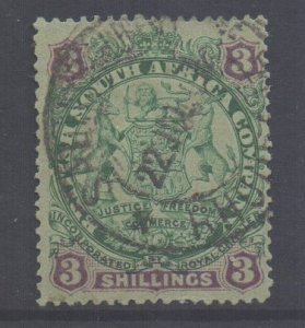 Rhodesia Scott 36 - SG36, 1896 Arms 3/- Plate 1/2 used