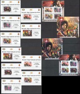 Bu86 Imperf,Perf 2012 Burundi Music Legends Bob Marley Jimi Hendrix 12Bl+2Kb Mnh