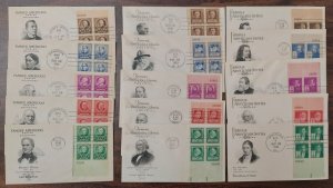 US #859-93, Complete Famous Americans, Plate # Blks of 4 on FDC's, ArtCraft cach