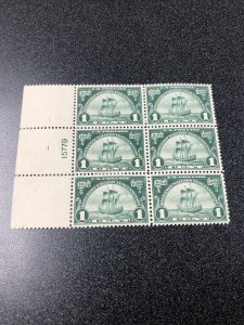 614  Huguenot-Walloon 1 Cent Plate Block Of 6.  Superb / Hinged On 2 Stamps.