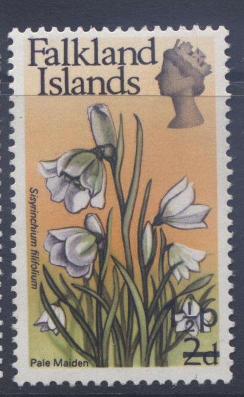 Falkland Is.-Scott 199-Flowers-Overprint- 1971-MVLH -Single 1.1/2p on a 2p Stamp