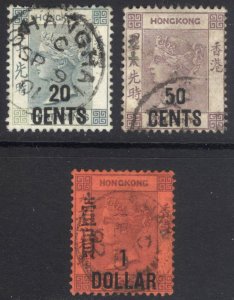 Hong Kong 1891 20c-$1 Opts Wmk Crown CA Scott 61a-63 SG 48-50 VFU Cat $37