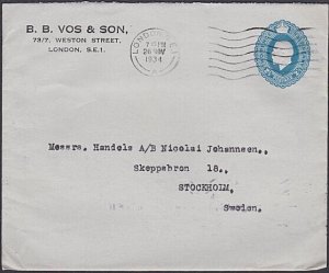 GB 1934 GV 2½d printed to private order envelope used to Sweden..............994