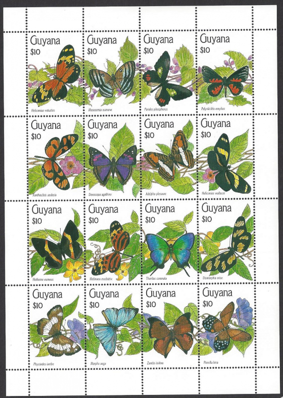 Guyana #2343 MNH sheet, various butterflies, issued 1990