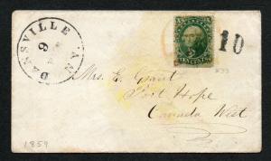 US Scott #33 Dansville NY to Canada West Feb 9, 1859 Cover Red & Black '10' 