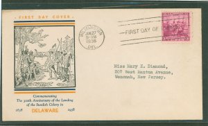 US 836 1938 3c 300th Anniversary Of The Delaware County (single) on an Addressed (typed) FDC with a Holland Cachet