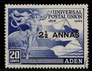 ADEN GVI SG32, 2½a on 20c ultramarine UPU, FINE USED.