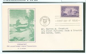 US 903 1941 3c Vermont 150th Anniversary Of Statehood (single) on an addressed (typed) FDC with a Grandy Cachet