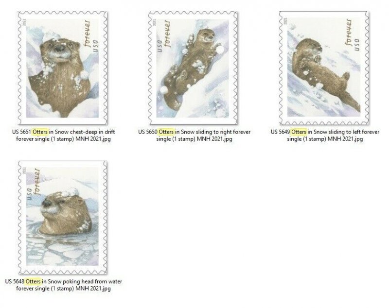 US 5648-5651 Otters in Snow forever set (4 stamps) MNH 2021 11/15