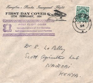 ZANZIBAR Air Mail 1954 FIRST FLIGHT COVER Illustrated BIPLANE Pemba Kenya MA1208