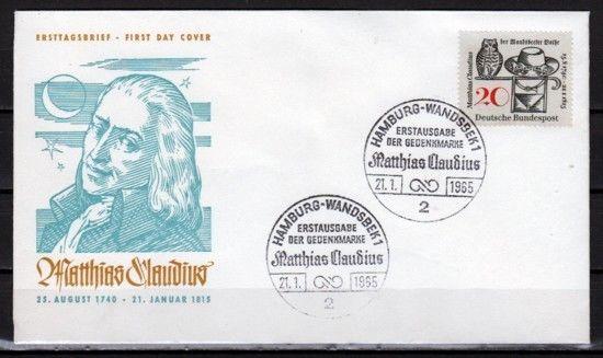 Germany, Scott cat. 917. Poet M. Claudius issue. First day cover. Owl in design.